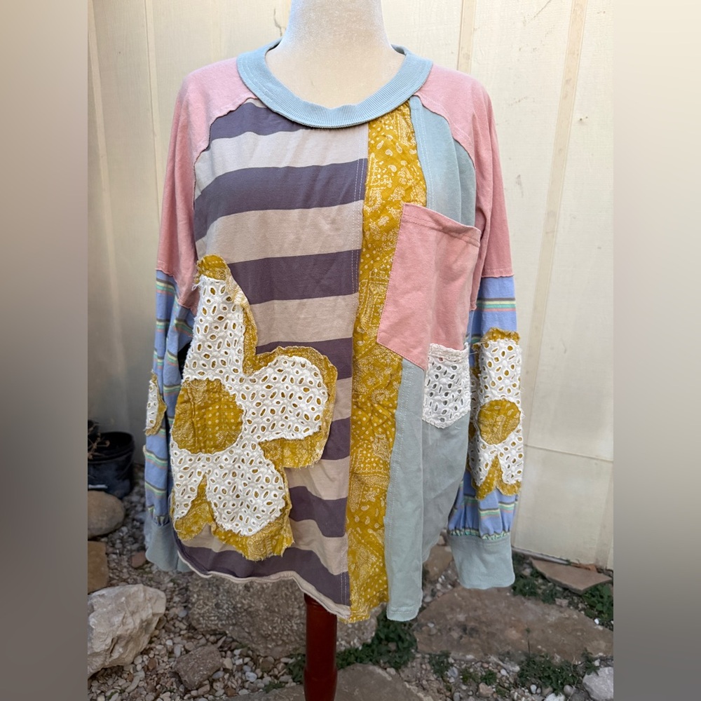 Oli & Hali Patchwork Pastel Applique Top Daisy Floral Stripe Boho Eyelet Boho